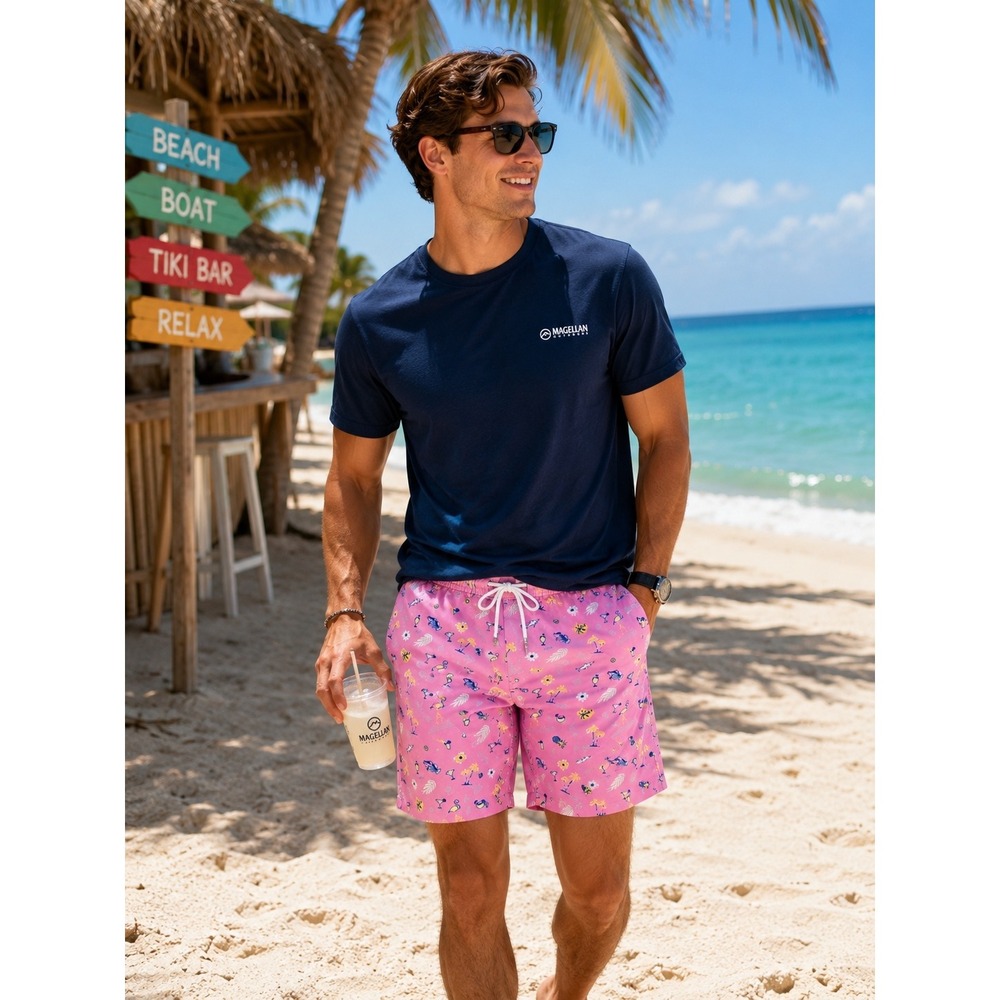 NWT Magellan Fish Gear Swim Trunks Men's Large Pink Tropical 7" Beach Shorts